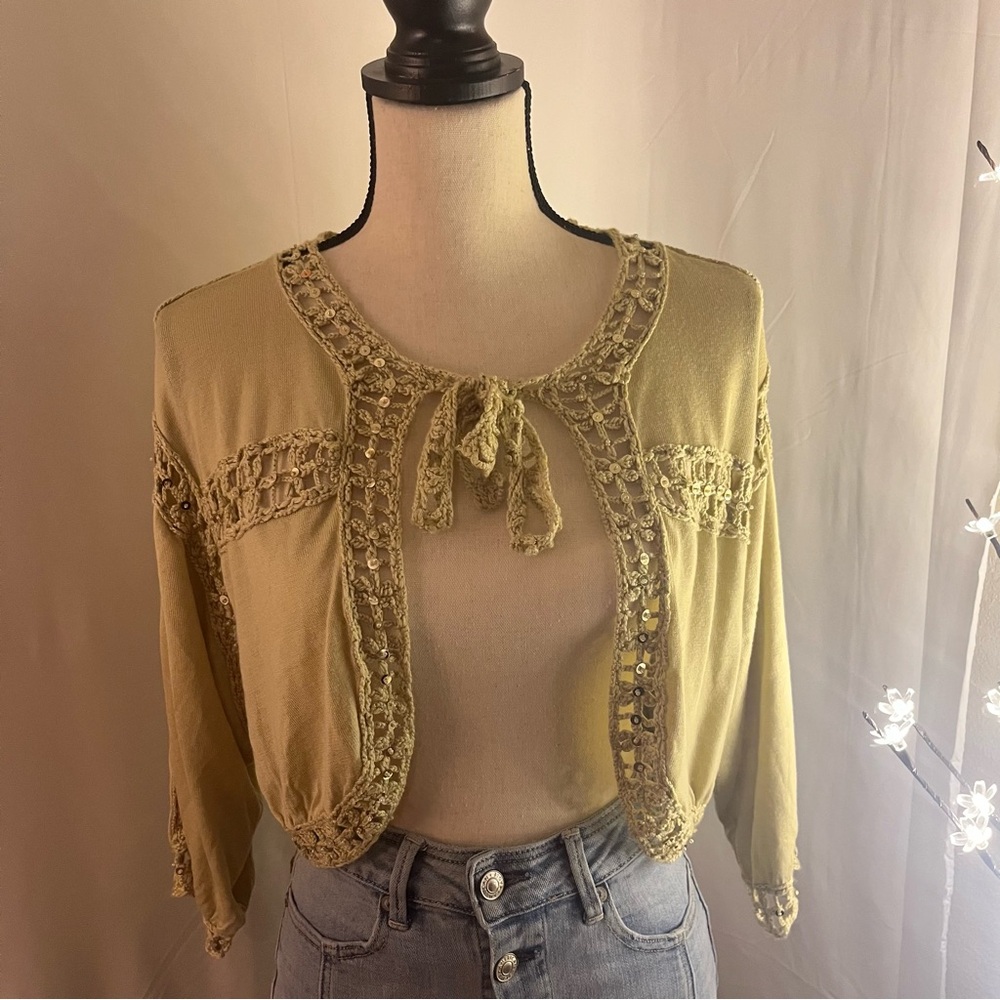 Joolay Vintage Tan Crochet Cardigan with Sequins